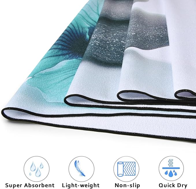 QiyI Yoga Towel with Travel Bag, Microfiber Mat-Sized Hot Yoga Towels, Non Slip Blanket with Corner Pockets, Quick Dry Mat Towel for Bikram, Pilates, Fitness - 70"x26", Pebbles & Blue White Flowers-GravixFit