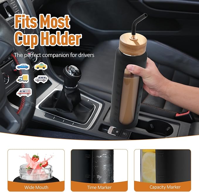 Kodrine Water Bottle with Straw, 24 oz Glass water Bottle with 2 Lids Bamboo Straw Lid and Spout Lid with Handle, 32 oz Clear Water Bottle Glass for Sports Travel, Waterbottle with Time Marker-GravixFit