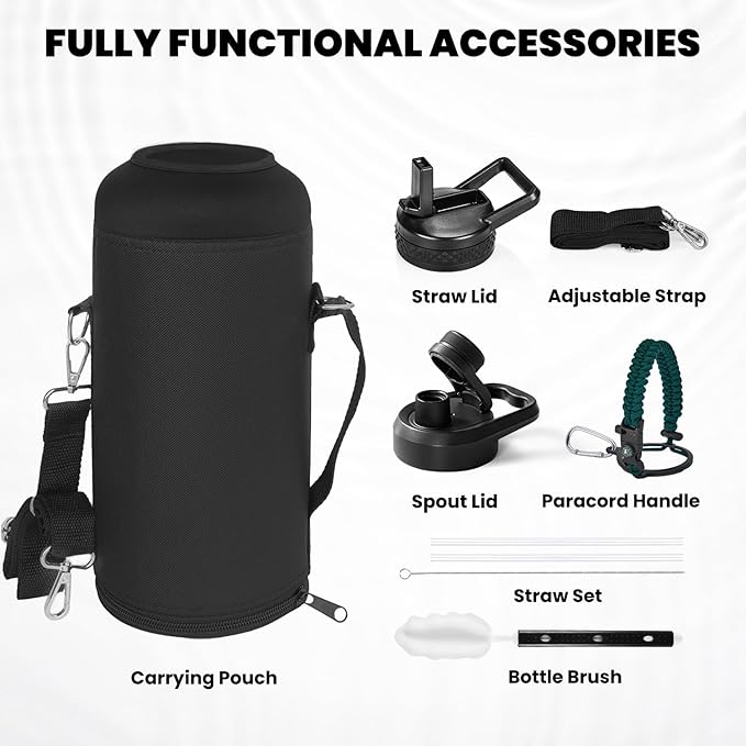 Insulated Water Bottle 87 oz, Triple Wall Vacuum Stainless Steel (Cold for 48 Hrs), Leak Proof & Non-BPA, Modern Water Flask Jug with Paracord Handle & Straw Spout Lids, Dark Green-GravixFit
