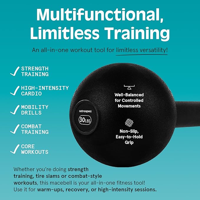 Retrospec Revolve Steel Macebell for Strength Training, Rehabilitation, Stretching, Conditioning and Rotational Training - 5, 7, 10, 15, 20, 30lb Options for Women & Men-GravixFit