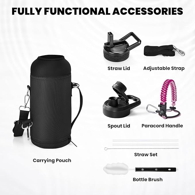 Insulated Water Bottle 32 oz, Triple Wall Vacuum Stainless Steel (Cold for 48 Hrs), Leak Proof & Non-BPA, Modern Water Flask Jug with Paracord Handle & Straw Spout Lids, Ombre Pink-GravixFit