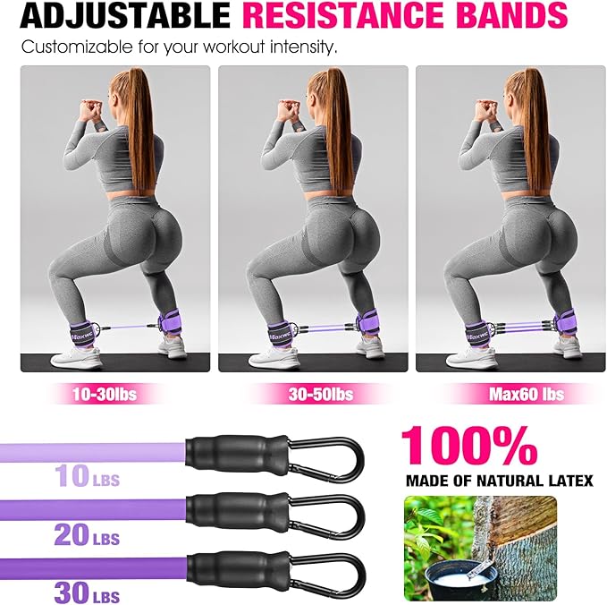 Ankle Resistance Bands with Cuffs, Ankle Bands for Working Out, Ankle Resistance Band for Leg, Booty Workout Equipment for Kickbacks Hip Fitness Training, Exercise Bands for Butt Lift Women-GravixFit