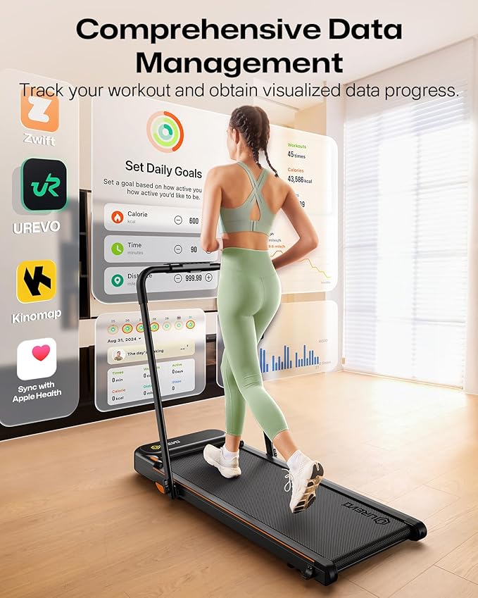 UREVO Strol 2E Smart 2-in-1 Folding Treadmill, Compact Walking Pad with Safety Handle, Plug and Play, Dual LED Display, Workout APP, Walking or Running for Home Office, Remote Included-GravixFit