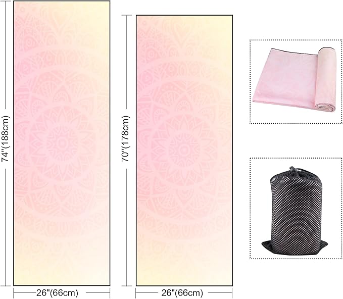 QiyI Yoga Mat Towel with Corner Pockets, Non Slip Sweat Absorbent Hot Yoga Towels, Soft Yoga Blankets with Travel Bag, Skidless Mat Cover for Workout, Gym, Fitness - 70"x26", Gradient Mandala-GravixFit