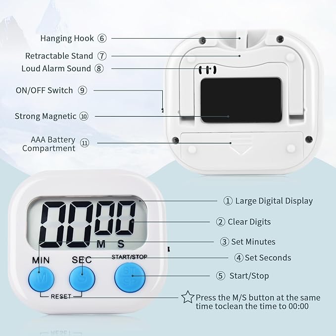 12 Pack Digital Kitchen Timer Magnetic Digital Timer with Big Display Loud Ring Cooking Timers for Kitchen Electronic Timer for Cooking, Bathing, Gym, Break Time, Classroom(12,White, Blue, Orange)-GravixFit