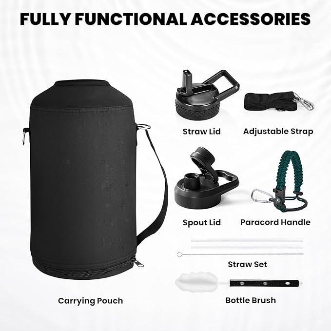 One Gallon Water Bottle Insulated, Triple Walled Vacuum Stainless Steel (Cold for 48 Hrs), Leak Proof & Non-BPA, Large Water Flask Jug with Paracord Handle & Straw Spout Lids-GravixFit