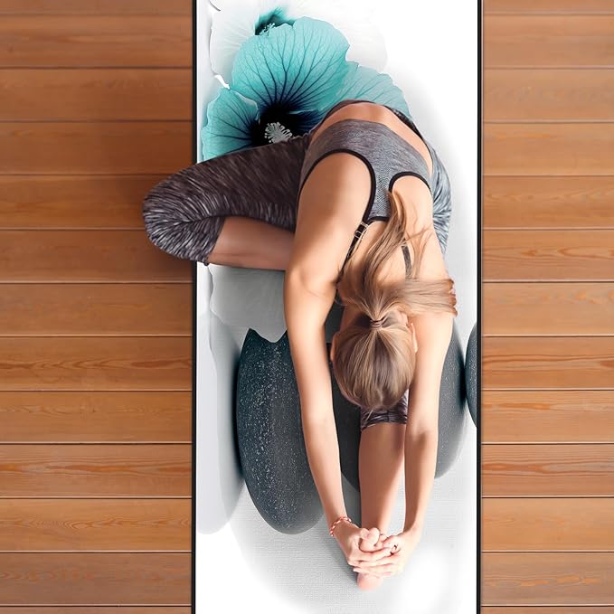 QiyI Yoga Towel with Travel Bag, Microfiber Mat-Sized Hot Yoga Towels, Non Slip Blanket with Corner Pockets, Quick Dry Mat Towel for Bikram, Pilates, Fitness - 70"x26", Pebbles & Blue White Flowers-GravixFit