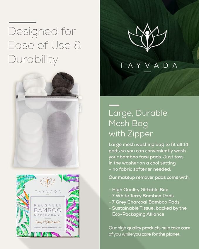 Luxury Bamboo Reusable Makeup Remover Pads, USA Brand (14 Pack), Four Layer Face Pads with Pocket - Reusable Bamboo Face Pads - Eco-Conscious Makeup Remover Pads - Includes Mesh Washing Bag (White)-GravixFit