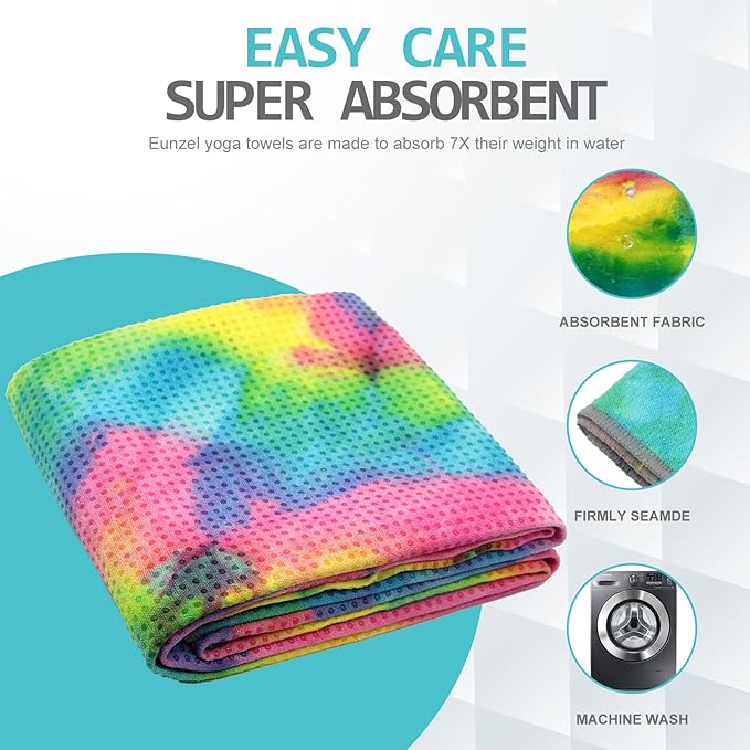 Eunzel Yoga Towel,Hot Yoga Mat Towel with Grip Dots Sweat Absorbent Non-Slip for Hot Yoga, Pilates and Workout 24" x72", Yellow & Blue & Pink-GravixFit