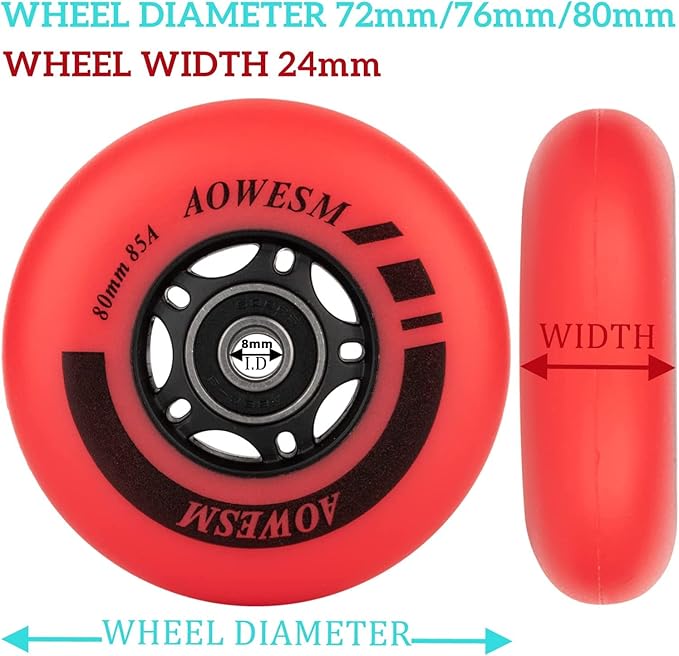 AOWESM Inline Skate Wheels 80mm 76mm 72mm 85a Outdoor Indoor Black Blue Red Roller Hockey Blades Replacement Wheels w/Bearings ABEC-9 and Floating Spacers (8-Pack)-GravixFit