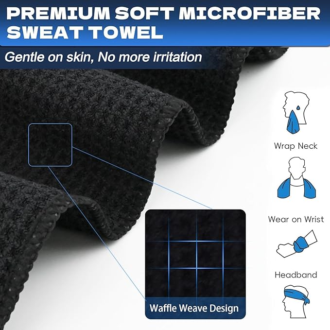 Microfiber Gym Towels for Working Out, Quickly Dry Yoga Towels for Men & Women Tennis, 16 Inch x 27 Inch, 6 Pack, Black-GravixFit
