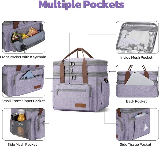 Maelstrom Lunch Bag Women,23L Insulated Lunch Box For Men Women,Expandable Double Deck Cooler Bag With Side Tissue Pocket,Lavender-GravixFit