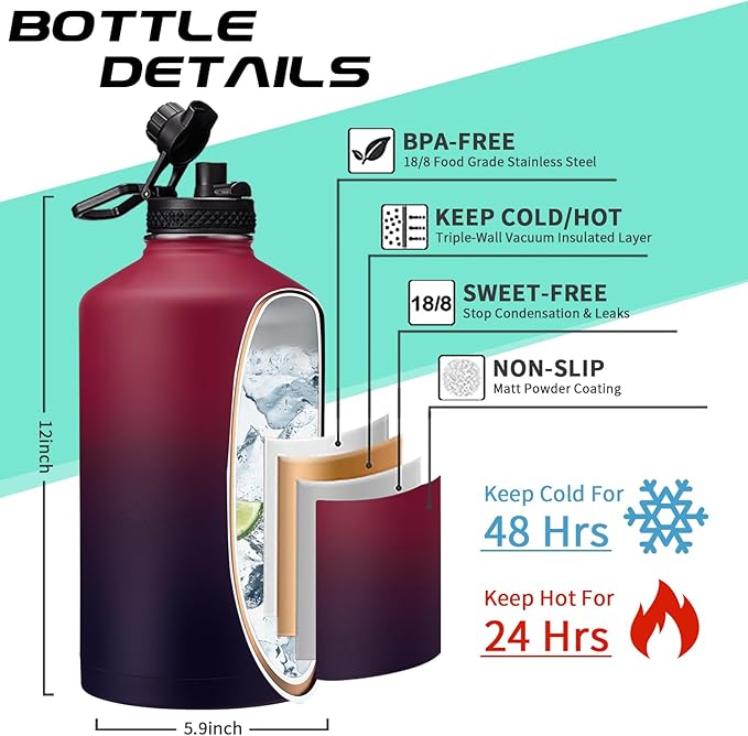 1 Gallon Insulated Water Jug - with Paracord Handle, Straw & Chug Lid, Water Bottles Holder with Strap, 128oz Stainless Steel Large Water Bottle, Keep Hot 12H & Cold 48 for Travel Hiking Camping Work-GravixFit