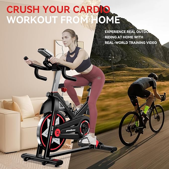 POOBOO Exercise Bike, Stationary Bike for Home Gym, Indoor Cycling Bike w/Comfortable Seat Cushion & Tablet Mount, Silent Belt Drive Indoor Bike for Cardio Workout-GravixFit
