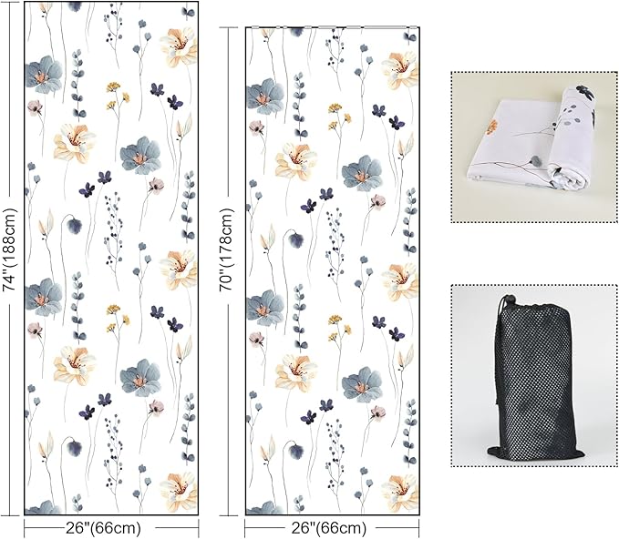QiyI Floral Yoga Mat Towel with Corner Pockets, Non Slip Sweat Absorbent Hot Yoga Towels, Soft Yoga Blankets with Travel Bag, Mat Cover for Workout, Gym, Fitness - 70"x26", Watercolor Flowers-GravixFit