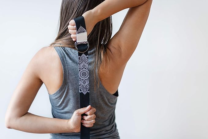 YOGA DESIGN LAB | The Yoga Strap | Luxurious, Extra Long, Super Soft, Eco Printed | Studio Quality, Adjustable | Safely Stretch Further and Hold Longer | 8 ft Long (Mandala Black, 8ft)-GravixFit