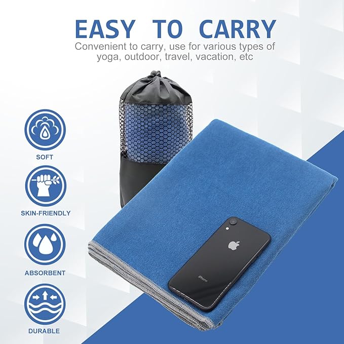 Eunzel Yoga Towel,Hot Yoga Mat Towel with Grip Dots Sweat Absorbent Non-Slip for Hot Yoga, Pilates and Workout 24" x72", Steel Blue-GravixFit