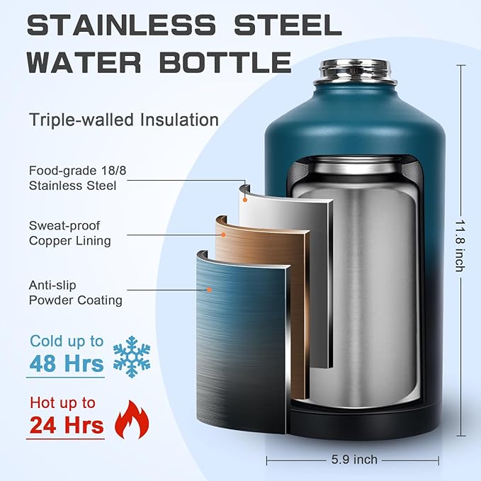 1 Gallon Water Bottle Insulated, Leak Proof 128 oz Stainless Steel Water Jug with Straw/Spout 2-in-1 Lid, Sleeve, Paracord Handle, Silicone Boot, One Gal Metal Canteen for Gym Sport Camping-GravixFit