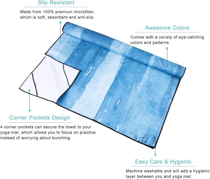 QiyI Yoga Mat Towel with Corner Pockets, Non Slip Sweat Absorbent Hot Yoga Towels, Soft Yoga Blankets with Travel Bag, Skidless Mat Cover for Workout, Gym, Fitness - 70"x26", Blue Tie Dye-GravixFit