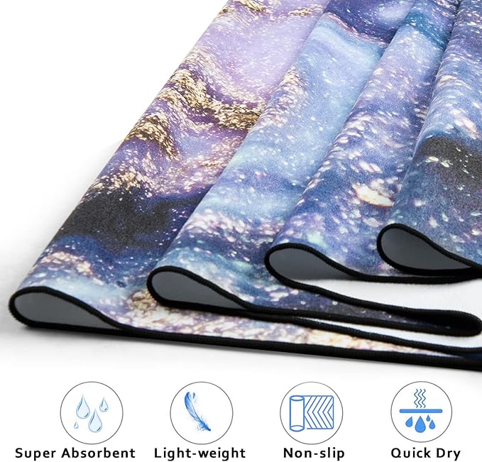 QiyI Yoga Mat Towel with Corner Pockets, Non Slip Sweat Absorbent Hot Yoga Towels, Soft Yoga Blankets with Travel Bag, Skidless Mat Cover for Workout, Gym, Fitness - 74"x26", Purple Gold Marble-GravixFit