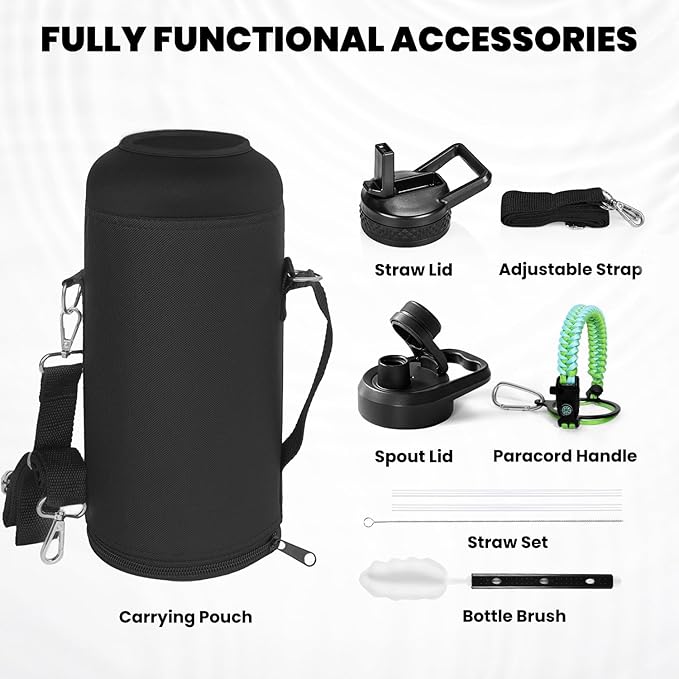 Insulated Water Bottle 87 oz, Triple Wall Vacuum Stainless Steel (Cold for 48 Hrs), Leak Proof & Non-BPA, Modern Water Flask Jug with Paracord Handle & Straw Spout Lids, Ombre Green-GravixFit