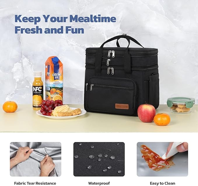 Maelstrom Lunch Box, 23L Insulated Lunch Bag, Expandable Double Deck Cooler Bag, Lightweight Leakproof Tote Bag With Side Tissue Pocket, Suit For Men and Women, Black-GravixFit