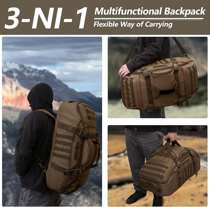 65L Large Duffle Bag, 3-in-1 Tactical Backpack MOLLE Pack for Sports, Gym, Outdoor, Dark Brown-GravixFit