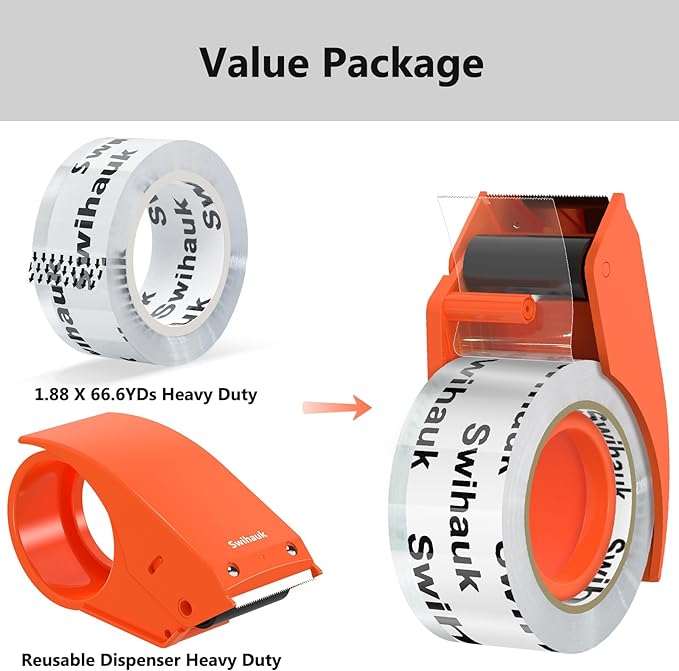 1.88 in x 66.6 YDs Clear Heavy Duty Packing Tape with Dispenser, Strong & Durable Shipping Tape, Packaging Tape, Packing Tape Dispenser for Packing Boxes, Moving Supplies, Shipping and Mailing-GravixFit
