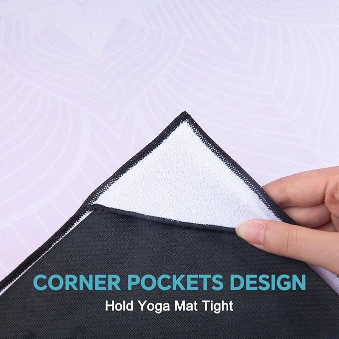 QiyI Yoga Mat Towel with Corner Pockets, Non Slip Sweat Absorbent Hot Yoga Towels, Soft Yoga Blankets with Travel Bag, Skidless Mat Cover for Workout, Gym, Fitness - 70"x26", Purple Mandala-GravixFit