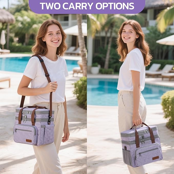 Maelstrom Lunch Bag Women,23L Insulated Lunch Box For Men Women,Expandable Double Deck Cooler Bag With Side Tissue Pocket,Lavender-GravixFit