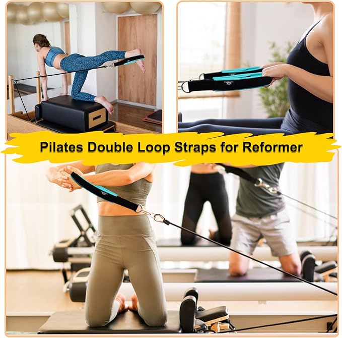 1 Pair Enhanced Pilates Double Loop Straps for Reformer, Thickened D-Ring Handle Straps, Yoga Exercise Accessories in 2 Lengths and Multicolor for Home Gym Workout-GravixFit