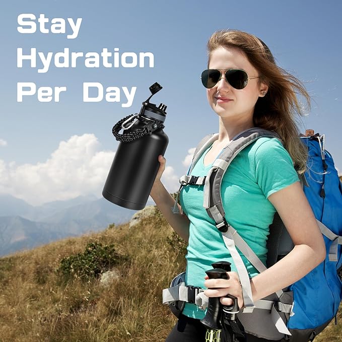 Insulated Water Bottle 64 oz, Half Gallon Water Jug Cold 48H, BPA Free Stainless Steel Bottles with Straw/Chug 2-in-1 Lid, Bag, Paracord Handle, Silicone Boot, Sports Gym School Metal Flask-GravixFit