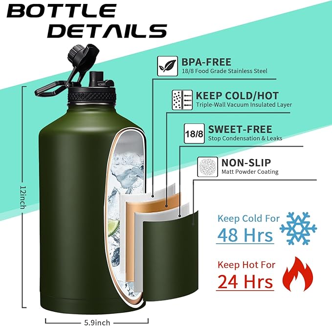 128 OZ Insulated Water-Bottles with Strap - 1 Gallon Water Jug with Straw & Spout Lid, Stainless Steel Large Water Bottle Leak Proof, Cold-48h Hot-24h Metal Water Flask w/Paracord Handle, Carrier Bag-GravixFit