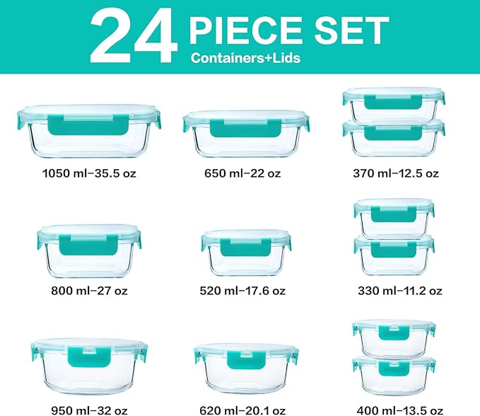 M MCIRCO 24-Piece Glass Food Storage Containers with Locking Lids,Glass Meal Prep Containers Set - Airtight Lunch Containers, Microwave, Oven, Freezer and Dishwasher,Green-GravixFit