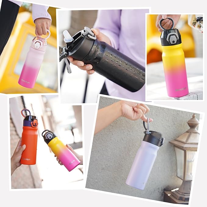Insulated Water Bottle with Straw and Carry Loop,18 oz Stainless Steel Double Wall Vaccum Metal Water Flask with Leak-proof Lid,Lime-GravixFit
