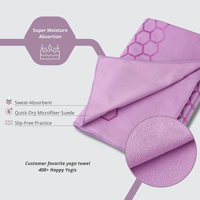 Clever Yoga Non-Slip Hot Yoga Towel – Non-Slip Grip for Hot Yoga, Sweat Absorbent, Honeycomb Silicone Grip, Stays Flat – Ideal for Pilates, Travel, Washable & Lightweight - Lilac-GravixFit
