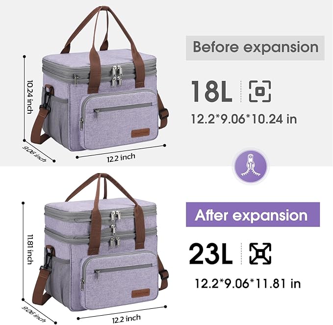 Maelstrom Lunch Bag Women,23L Insulated Lunch Box For Men Women,Expandable Double Deck Cooler Bag With Side Tissue Pocket,Lavender-GravixFit