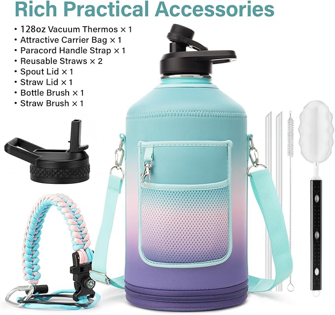 1 Gallon Water Bottle Insulated | Thickened Stainless Steel Vacuum Metal Water Jug | Portable Sports Large for Gym and Hiking with Straw, Carrier Bag, Handle Strap | BPA-Free 128 oz-GravixFit