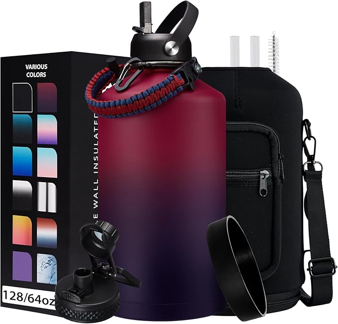 1 Gallon Insulated Water Jug - with Paracord Handle, Straw & Chug Lid, Water Bottles Holder with Strap, 128oz Stainless Steel Large Water Bottle, Keep Hot 12H & Cold 48 for Travel Hiking Camping Work-GravixFit