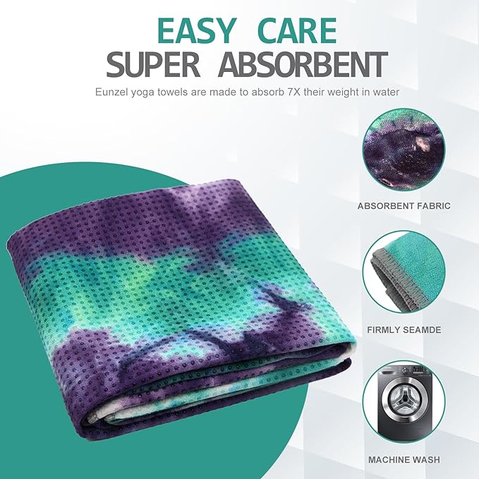 Eunzel Yoga Towel,Hot Yoga Mat Towel with Grip Dots Sweat Absorbent Non-Slip for Hot Yoga, Pilates and Workout 24" x72", Green & Purple-GravixFit