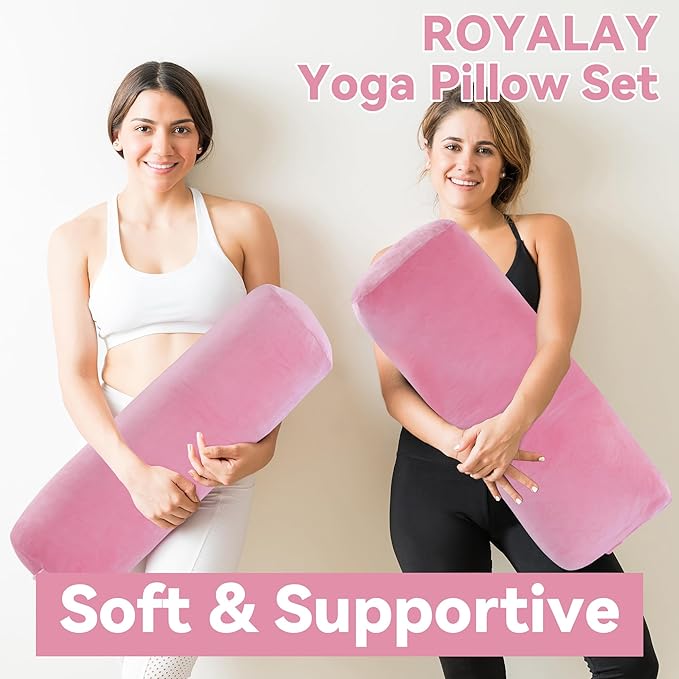 ROYALAY 2 Pcs Yoga Bolster Pillow for Restorative Yoga, Rectangular and Cylinder Meditation Pillow Set with Carrying Handles, Supportive Cushion for Exercise Workout Stretching Meditation,Pink-GravixFit