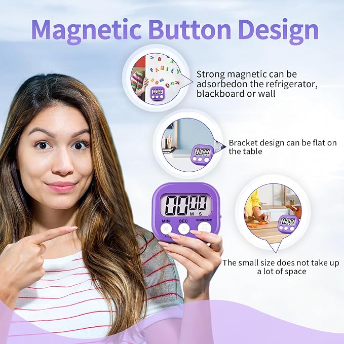 12 Pack Digital Kitchen Timer Magnetic Digital Timer with Big Display Loud Ring Cooking Timers for Kitchen Electronic Timer for Cooking, Bathing, Gym, Break Time, Classroom(12,White,Blue,Purple)-GravixFit