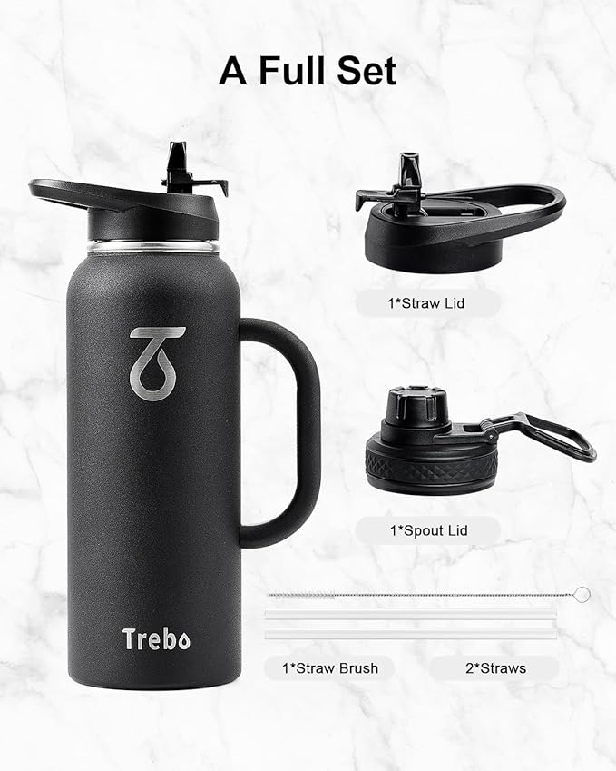 Trebo 40oz Water Bottle Insulated with Handle, Stainless Steel Metal Large Jug,Travel Flask with Straw Spout Lid,Mug Tumbler Cup with Carry Pouch,Keep Cold Hot, Indigo Black-GravixFit