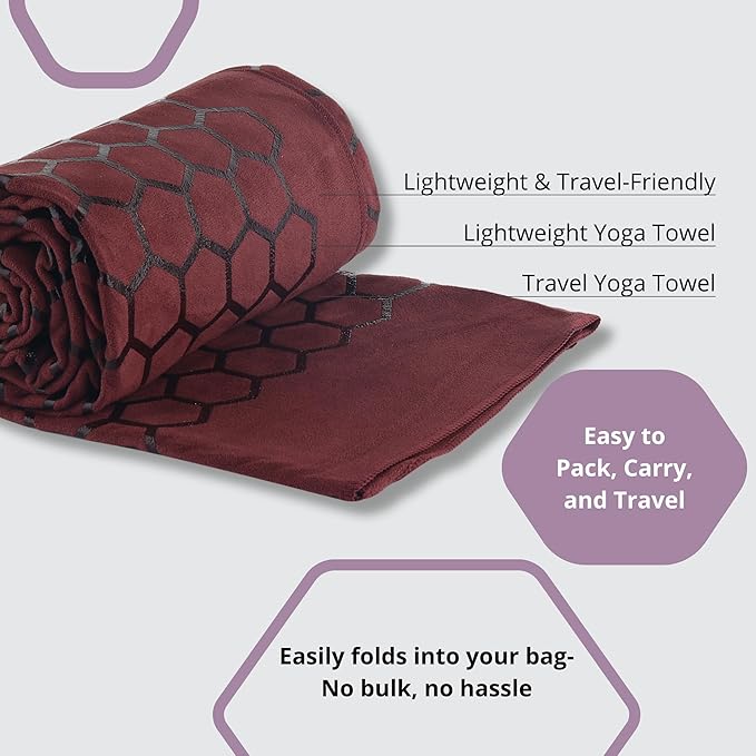 Clever Yoga Non-Slip Hot Yoga Towel – Non-Slip Grip for Hot Yoga, Sweat Absorbent, Honeycomb Silicone Grip, Stays Flat – Ideal for Pilates, Travel, Washable & Lightweight - Burgundy-GravixFit