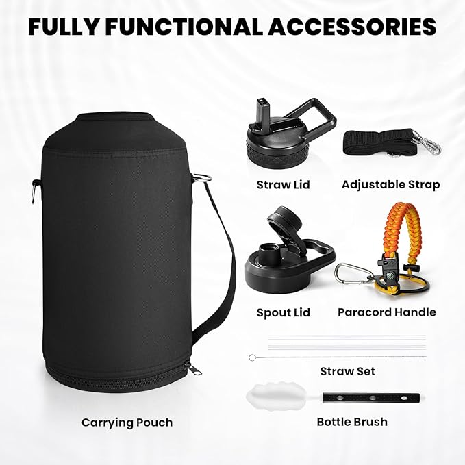 Insulated Water Bottle 64 oz, Triple Wall Vacuum Stainless Steel (Cold for 48 Hrs), Leak Proof & Non-BPA, Half Gallon Water Flask Jug with Paracord Handle & Straw Spout Lids, Ombre Orange-GravixFit