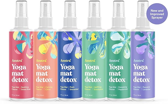 ASUTRA Yoga Mat Cleaner Spray Variety Pack (All Scents), 4 fl oz (Pack of 6) - No Slippery Residue, Organic Essential Oils, Deep-Cleansing for Fitness Gear & Gym Equipment, Microfiber Towels Included-GravixFit