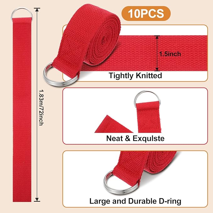 10 Pcs Yoga Strap for Stretching Bulk 6ft Exercise Stretch Band with Metal D Ring Adjustable Pilates Non Elastic Yoga Stretch Belt for Women Men Physical Fitness Gym Workout Dance-GravixFit