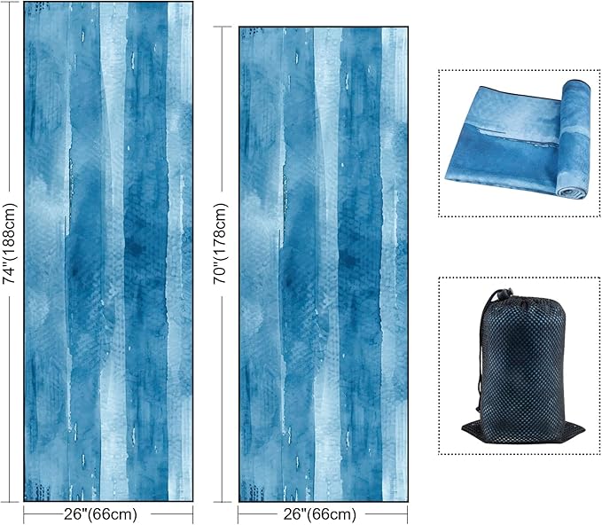 QiyI Yoga Mat Towel with Corner Pockets, Non Slip Sweat Absorbent Hot Yoga Towels, Soft Yoga Blankets with Travel Bag, Skidless Mat Cover for Workout, Gym, Fitness - 70"x26", Blue Tie Dye-GravixFit