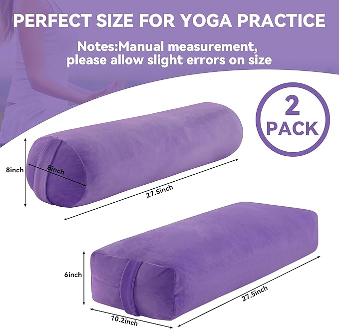 ROYALAY 2 Pcs Yoga Bolster Pillow for Restorative Yoga, Rectangular and Cylinder Meditation Pillow Set with Carrying Handles, Supportive Cushion for Exercise Workout Stretching Meditation,Purple-GravixFit