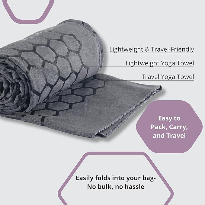 Clever Yoga Non-Slip Hot Yoga Towel – Non-Slip Grip for Hot Yoga, Sweat Absorbent, Honeycomb Silicone Grip, Stays Flat – Ideal for Pilates, Travel, Washable & Lightweight - Gray-GravixFit